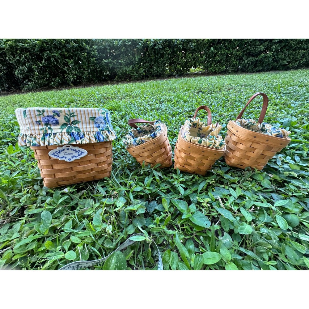 Longaberger Basket Set 4pc Tissue & Hanging Baskets Blue Floral Liners 1999-2000